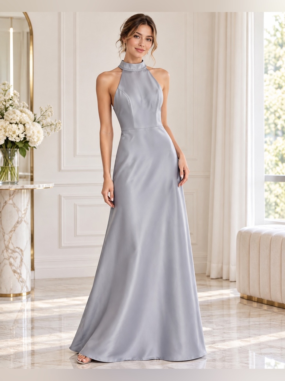 Alfred Sung High-Neck Halter Open-Back Satin Gown Size 0